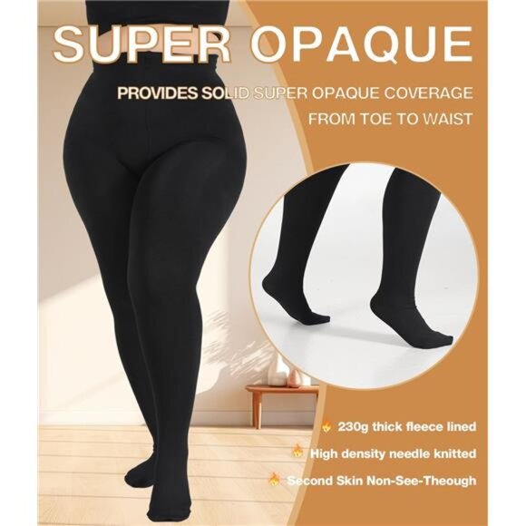 Plus Size Fleece Lined Tights, Warm Winter Thermal Pantyhose Women,/BLACK - Picture 5 of 7